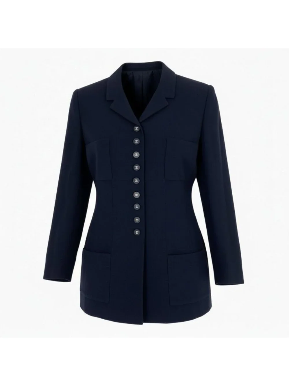 Chanel Vintage Long Tailored Jacket CC Logo Button 42 Dark Navy Wool